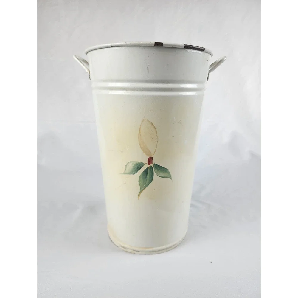 Vintage Enamel Metal Magnolia Umbrella Stand Bucket Farmhouse Cottage Decor Gift